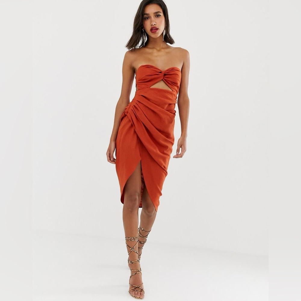 ASOS DESIGN Rust Linen Blend‎ Bandeau Twist Front Draped Midi Dress US 2